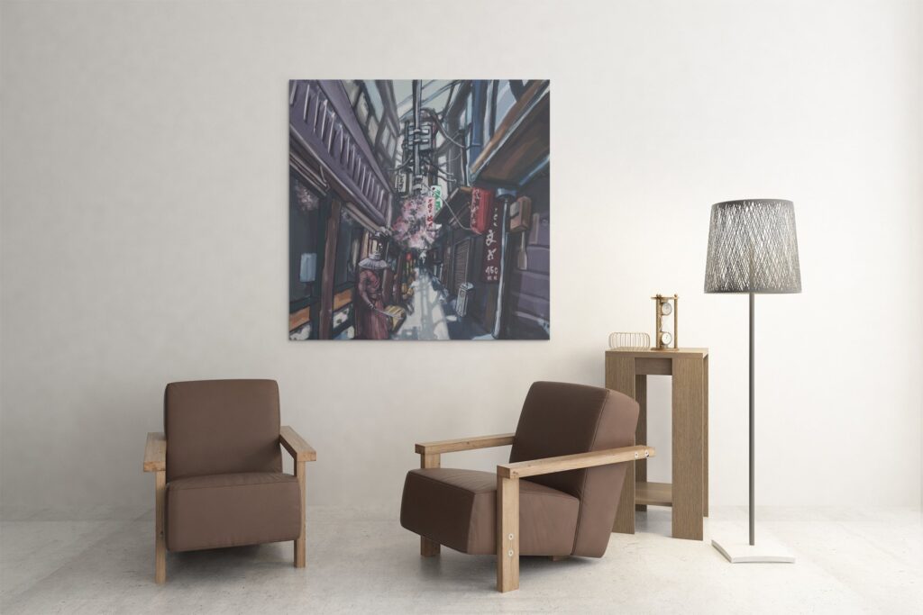 City shown in an interior
